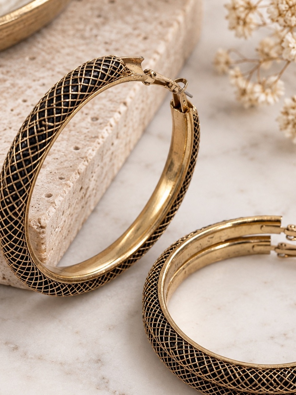Oversized Gold Tone Black Mesh Hoop Earrings Statement Vintage Style